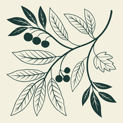 Botanical illustration of leaves and berries in dark green on beige, AI Generation