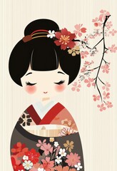 A graceful drawing of a traditional doll with blossoms