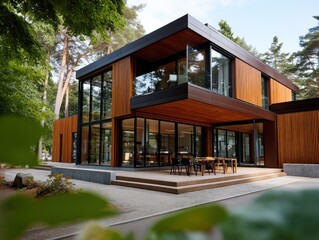 Fototapeta premium Modern Timber Architecture with Glass Elements in Natural Setting