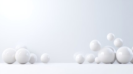 Two groups of glossy white spheres rest on a minimalist white surface. The composition is simple, featuring a larger cluster and a smaller group. High-resolution image with even lighting. The style
