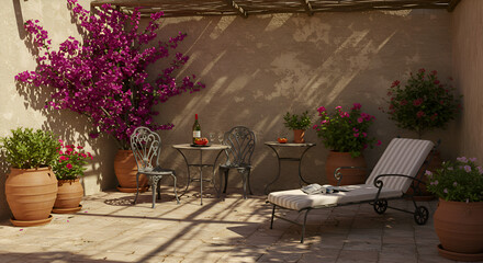 Fototapeta premium Serene Mediterranean Patio with Terracotta Pots and Wrought Iron Furniture