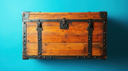 Woodgrain chest on cool blue background, well-lit and focused