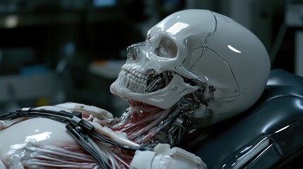 Fototapeta premium Detailed anatomical model of a cybernetically-enhanced human head and torso. Advanced medical technology, possibly for a surgical or educational setting, exhibits intricate design