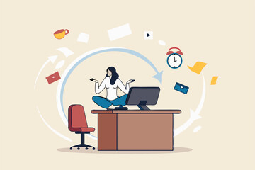 Distraction at work, annoyed disturb notifications, noise or trouble to focus or concentrate, inattention alert in the office, focus concept, businesswoman meditate protect distractions office desk.