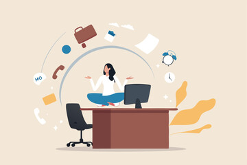 Distraction at work, annoyed disturb notifications, noise or trouble to focus or concentrate, inattention alert in the office, focus concept, businesswoman meditate protect distractions office desk.