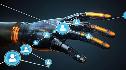 Futuristic robotic hand interacting with digital connections and user icons in a tech environment - Powered by Adobe