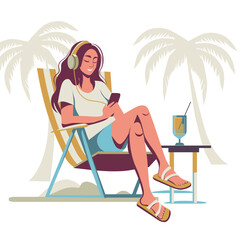 Girl with headphones sitting in a sun lounger on the beach and drinking a drink. Vector illustration