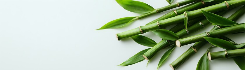 Fototapeta premium Fresh green bamboo stems and leaves arranged on white background, creating minimalist zen composition for wellness and spa concepts. Natural organic design element.
