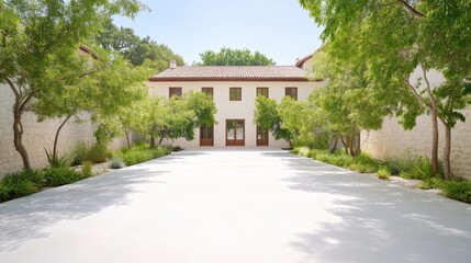 A cream-colored building with red trim and evenly spaced windows stands prominently. Lush green trees flank a paved courtyard leading to the structure. The image is well-lit, exhibiting high quality