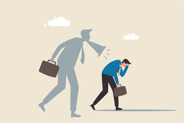 Self criticism, negative critic thinking to blame yourself, guilt or depression to rant or inner anxiety, anger or stress psychology concept, depressed businessman self shadow blame with megaphone.