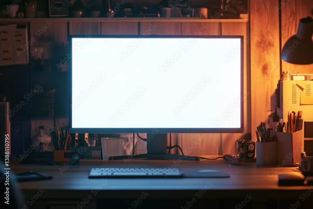 Leinwandbilder minimalistic workspace featuring sleek desktop monitor with bright screen and soft shadows in profes