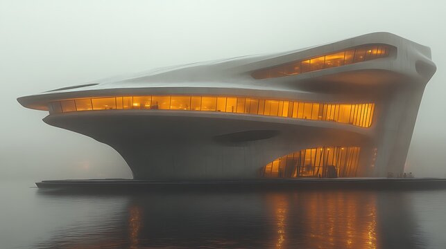 Modern Architectural Building with Warm Interior Lights in Foggy Weather