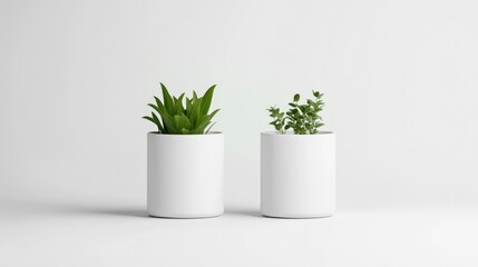 Fototapeta premium Two small plants sit in simple white cylindrical pots. The image is minimalist, featuring a clean white background. The lighting is even and bright, enhancing the plants vibrant green hues. The style