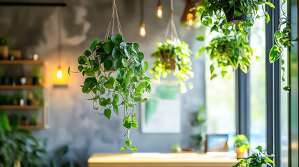 Green startup office with biophilic design, wooden elements, plants hanging from the ceiling, bright natural light