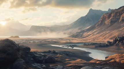 Fototapeta premium A scenic landscape with mountains, a river, and rocks under a cloudy sky at sunrise or sunset time
