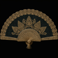 Intricate decorative hand fan with lace detailing and a striking dark background