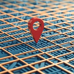 Red location pin on abstract grid map 3D render blue and orange tones geometric design digital art