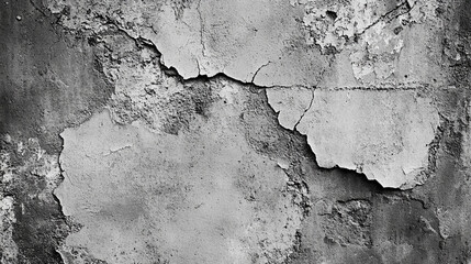 Obraz premium A close up of a heavily textured and cracked wall surface in black and white with peeling paint layers