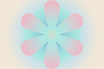 Psychedelic geometric flower. Digital grainy, noise gradient texture. Wallpaper, print poster. Pink, blue, turquoise, beige pastel colors