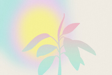 Ficus leaves. Tree branch. Digital grainy gradient texture. Summer sunset. Pink, blue, purple, yellow, beige neon color