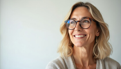 Confident middle-aged woman wearing glasses smiles softly against white background. Happy, attractive, mature businesswoman looks to side. Pro, successful female executive in business concept.