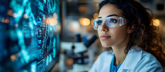 Young Hispanic female scientist in lab coat and safety glasses analyzing data on digital screen with blue holographic interface in modern laboratory setting.