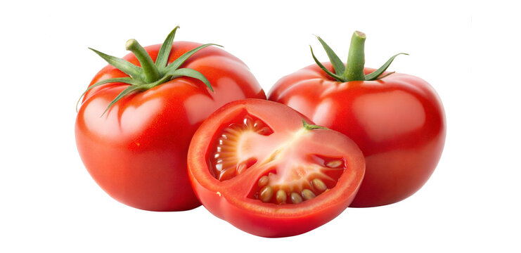 Two whole ripe red tomatoes and one sliced tomato half isolated on white background fresh juicy vegetables healthy food ingredients cooking recipe