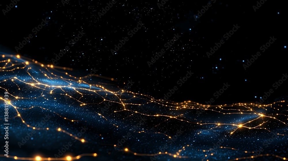 Poster glowing blue and orange light trails flow across dark starry background creating abstract network pa