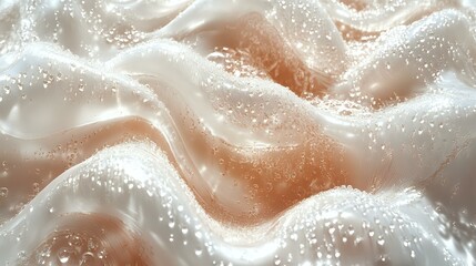 Creamy waves of whipped meringue texture with soft peach and white tones, sprinkled with fine sugar crystals creating delicate culinary abstract background.