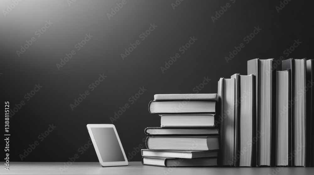 Poster Stylish monochrome education background showcasing books and digital tablet on a soft gradient backdrop for professional and academic themes