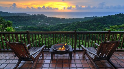 Sunset view with fire pit, and balcony.