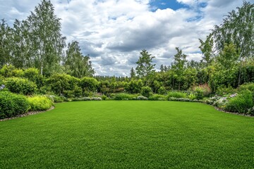 Naklejka premium A vibrant green lawn surrounded by flourishing garden greenery