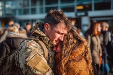 Fototapeta premium Heart-wrenching farewell between a young soldier and his loved ones, captured in golden daylight — ideal for editorial pieces on war, loss, family bonds, or human resilience