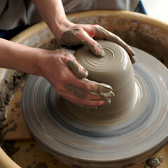 Fototapeta premium Hands shaping clay on a spinning pottery wheel, creating ceramic art in a workshop