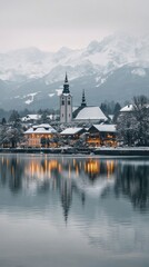 Obraz premium Snow-covered Village by Tranquil Lake With Distant Mountains Reflecting at Dusk