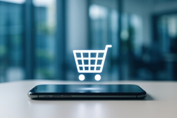 Online shopping cart hovering over smartphone in office setting