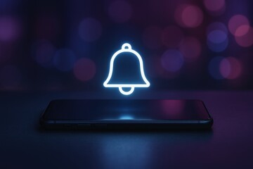 Notification bell icon hovering over smartphone on dark background with bokeh effect