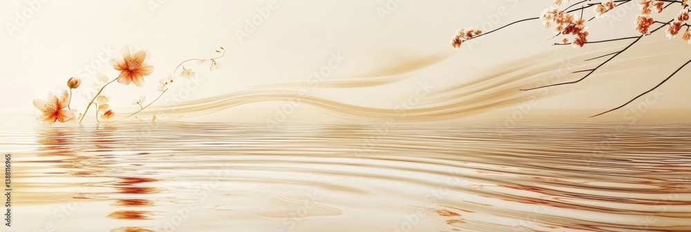 Poster soft ripples create a serene atmosphere with natural reflections and gentle floral elements at sunse
