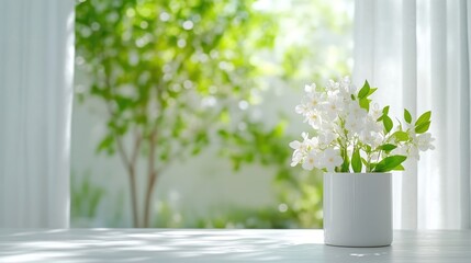 White flowers in a small white vase sit on a white surface. A blurred green garden is visible through a sheer curtain. The image is well-lit, high-resolution, and features a serene, minimalist aesthe