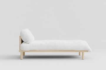 Simple white linen bed, light wood frame