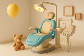 Cheerful Dentistry Scene: A vibrant and inviting dental clinic setup, complete with a modern dental chair, a soft toy, and a cheerful balloon, epitomizing a friendly approach to pediatric care.