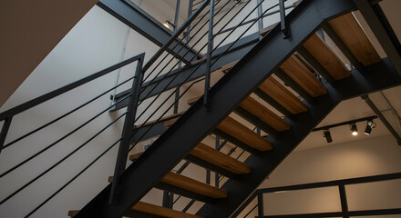 Obraz premium Modern Metal Framed Staircase With Wooden Steps In Loft Architecture