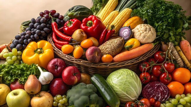 A Bountiful Harvest of Fresh Fruits and Vegetables in a Basket