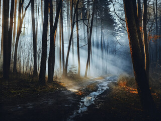 Obraz premium Mystical Forest Path with Morning Sun Rays Through Trees