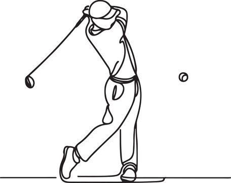 Line Drawing of Young Golf Player Hitting Ball with Golf Club