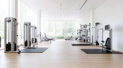 Modern, spacious fitness center with various strength training equipment.  Large windows offer natural light and a view of the outdoors