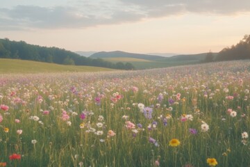 Fototapeta premium A vast field of wildflowers at sunset, bathed in soft light. Rolling hills in the distance