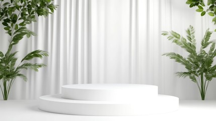 Minimalist white podium with draped fabric and greenery