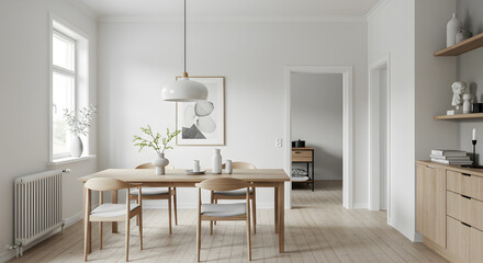 Fototapeta premium Bright Scandinavian Dining Room Interior with Minimalist Aesthetic and Neutral Colors