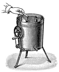 Honey extractor. Publication of the "Meyers encyclopedia", Vol. 7, Leipzig, Germany, 1910.